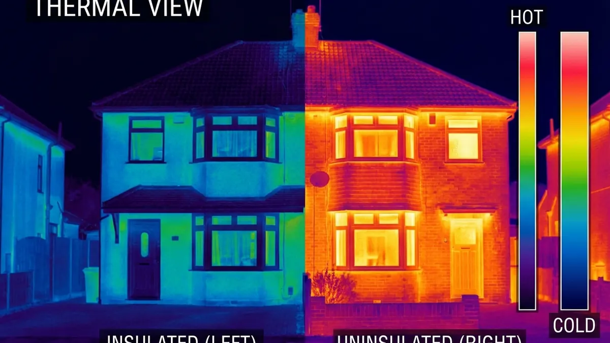 Thermal image comparing an insulated semi-detached house with an uninsulated one losing heat