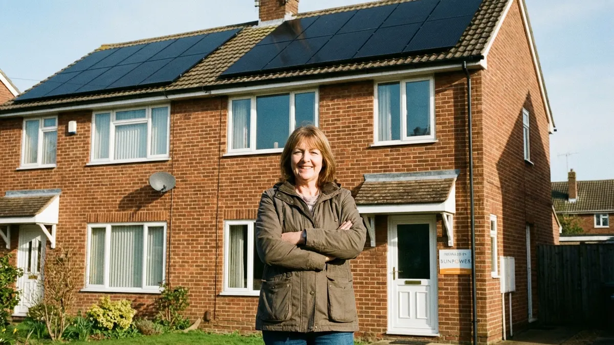 Red-brick semi-detached house with a full row of solar panels on the roof